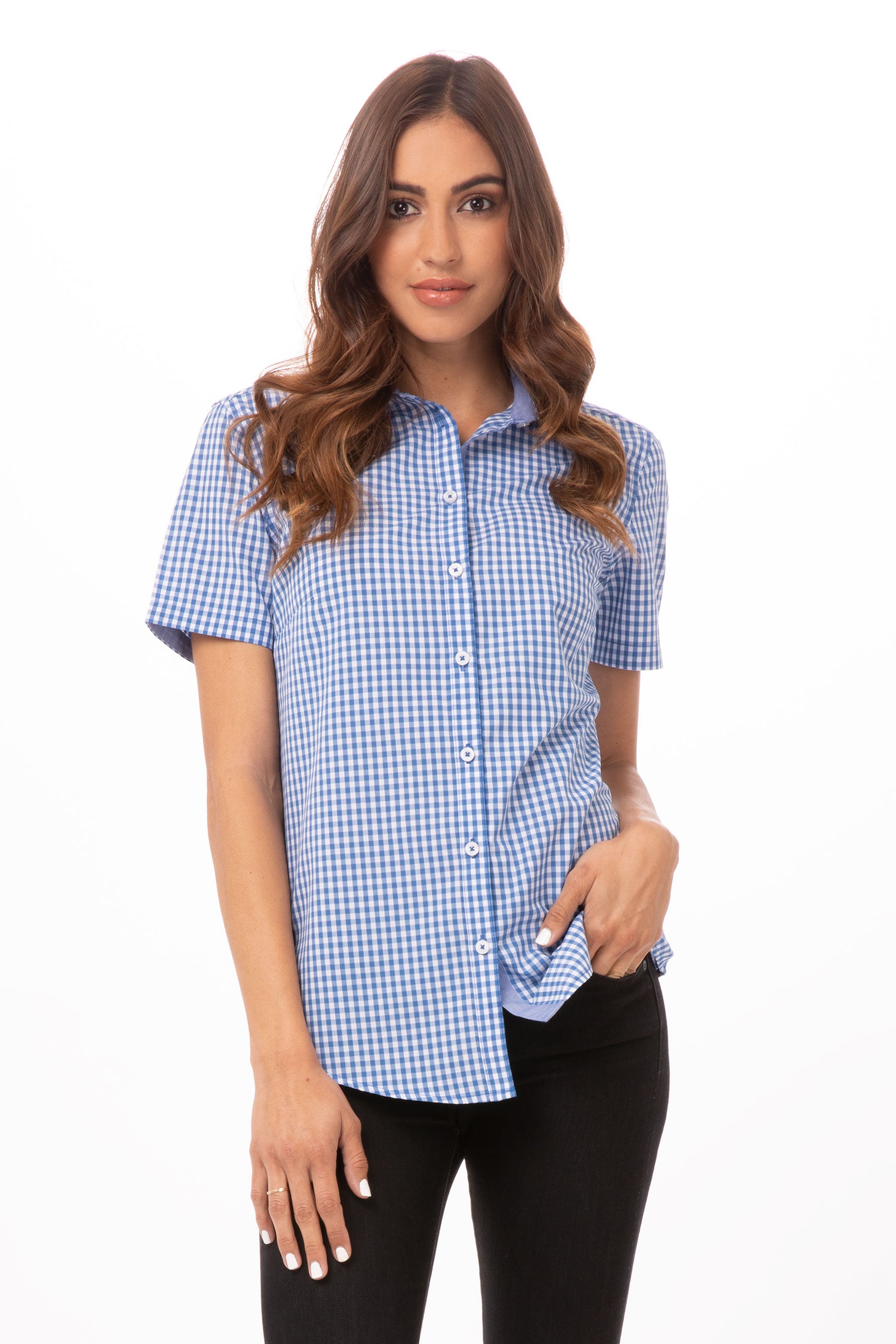 Gingham Female Checkers Short Sleeves Dress Shirt